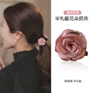 【JENG】法式甜美氣質布藝雙面玫瑰花馬尾小抓夾(94015) _粉色