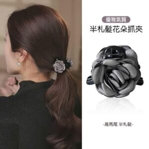 【JENG】法式甜美氣質布藝雙面玫瑰花馬尾小抓夾(94015) _灰色